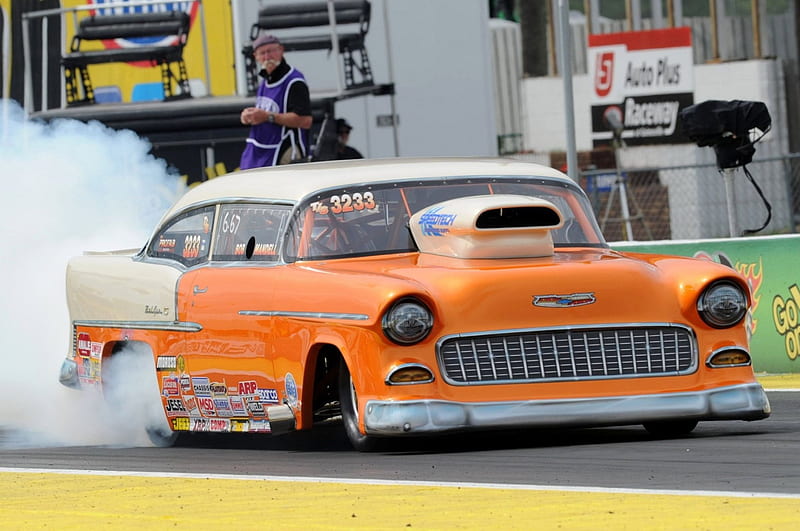 This 1955 Chevy Wins Car Show Awards Then Hits the Quarter-Mile at Over 212 MPH, Classic, Track, Smoke, GM, Bowtie, HD wallpaper
