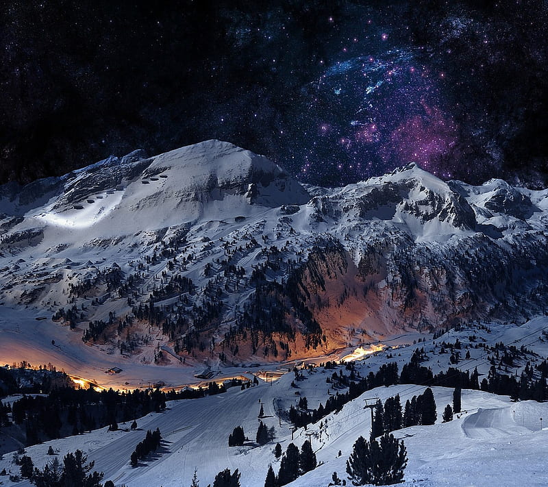 Winter Night, ice, mountain, pine, sky, snow, star, village, HD wallpaper