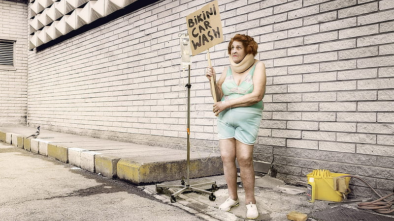 bikini car wash, sexy woman, iv stand, water hose, sign, HD wallpaper