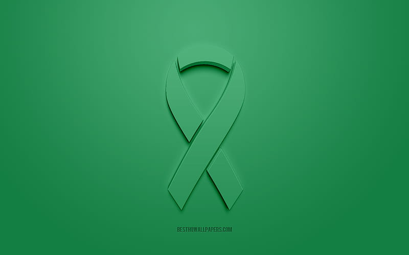 Liver Cancer ribbon, creative 3D logo, green 3d ribbon, Liver Cancer Awareness ribbon, Liver Cancer, green background, Cancer ribbons, Awareness ribbons, HD wallpaper