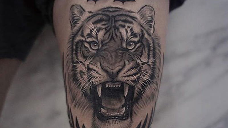 Fine line tiger tattoo on the bicep
