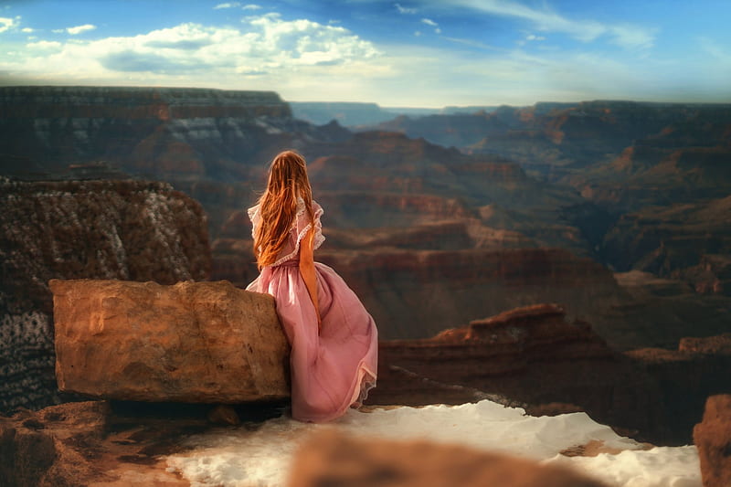 Country Woman Gazing over the Canyons, Ruffles, Boulder, Sky, Red Hair, Female, Water, View, Mountains, Lace, Horizon, Woman, Pink Dress, Blue, Rocks, HD wallpaper