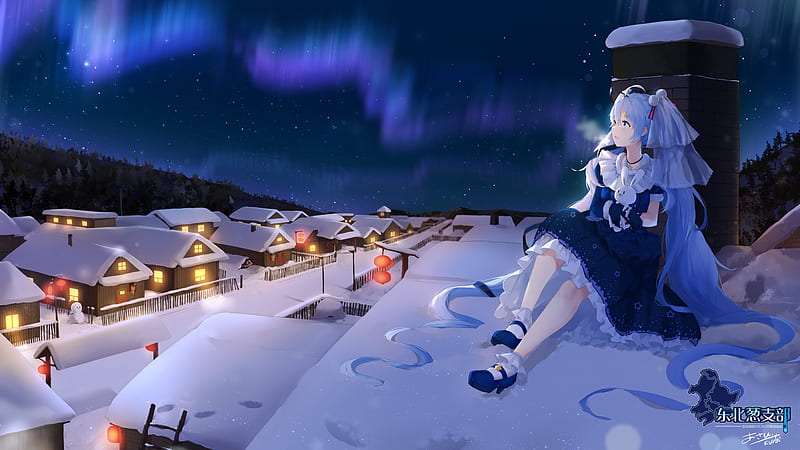 Anime, Vocaloid, Blue Hair, Girl, Hatsune Miku, Long Hair, Night, Sky, Snow, Twintails, Winter, HD wallpaper