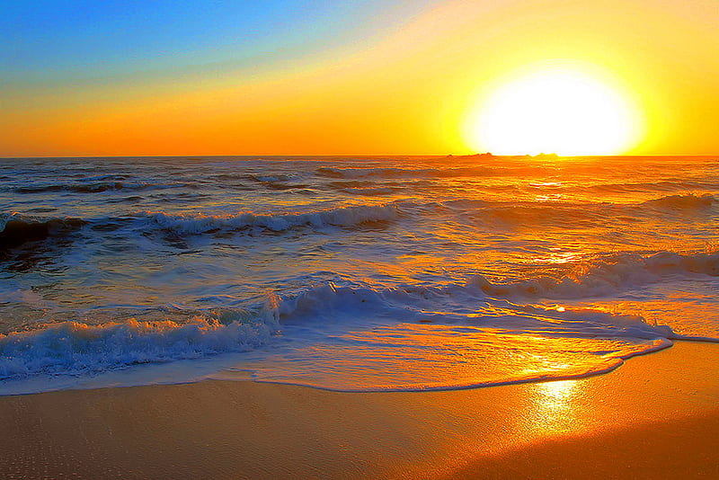 Pacific Sunset Beach Gold Ocean Sunset Waves Reflections Sky HD