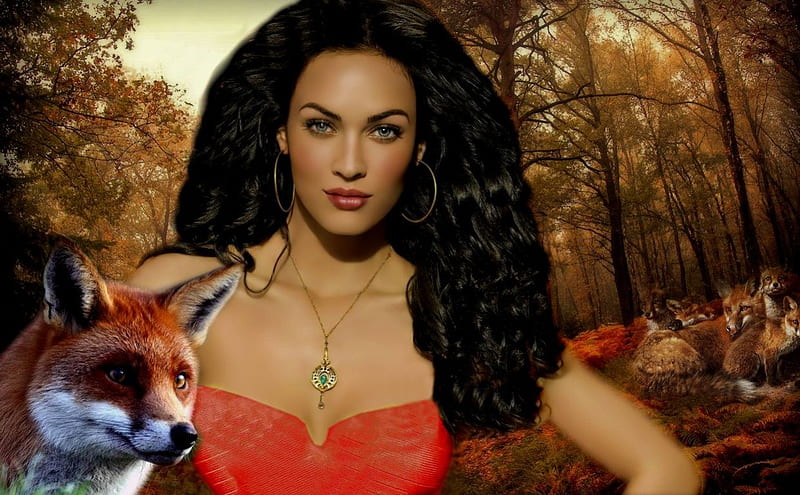 Megan Fox, red, forest, tangerine, brown, woods, black, trees, sky, fantasy, gold, fox, peach, pink, HD wallpaper