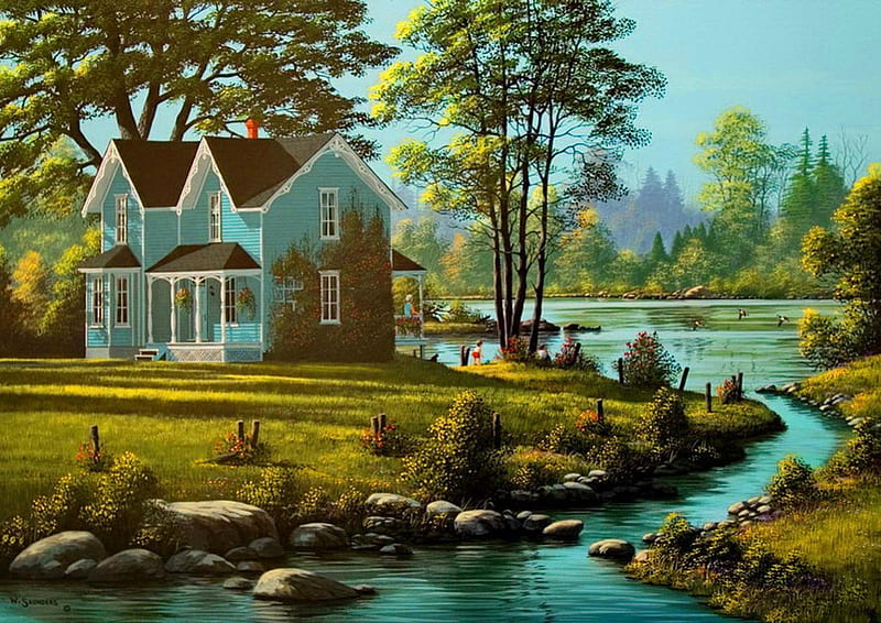 Grandma's house, stream, house, grass, home, bonito, countryside, stones, painting, river, kids, fishing, playing, art, lovely, creek, joy, trees, serenity, grandma, HD wallpaper