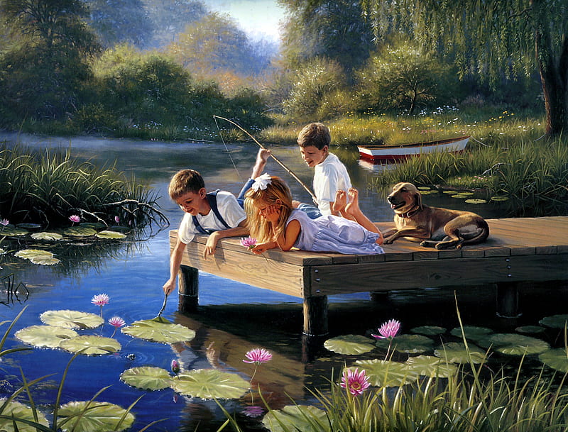 A TIME TO PLAY, pond, children, lilypad, dog, HD wallpaper