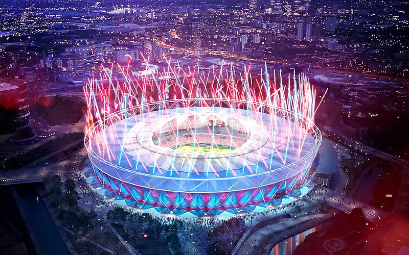 London Stadium, aerial view, fireworks, night, english stadiums, West Ham United Stadium, football stadium, London, England, United Kingdom, West Ham United FC, London Olympic Stadium, HD wallpaper
