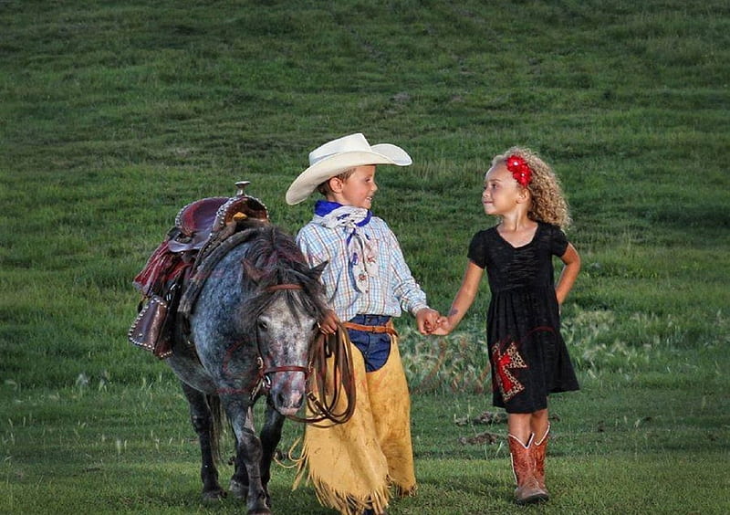 Cute little Cowboy & Cowgirl Love, little, bonito, adorable, country love, sweet, lovers, young, love, couple, friends, pair, kids, romantic, moments, horse, happy, cute, cowgirls, precious, little cowboy, little cowgirl, hadacarolina, cowboys, HD wallpaper