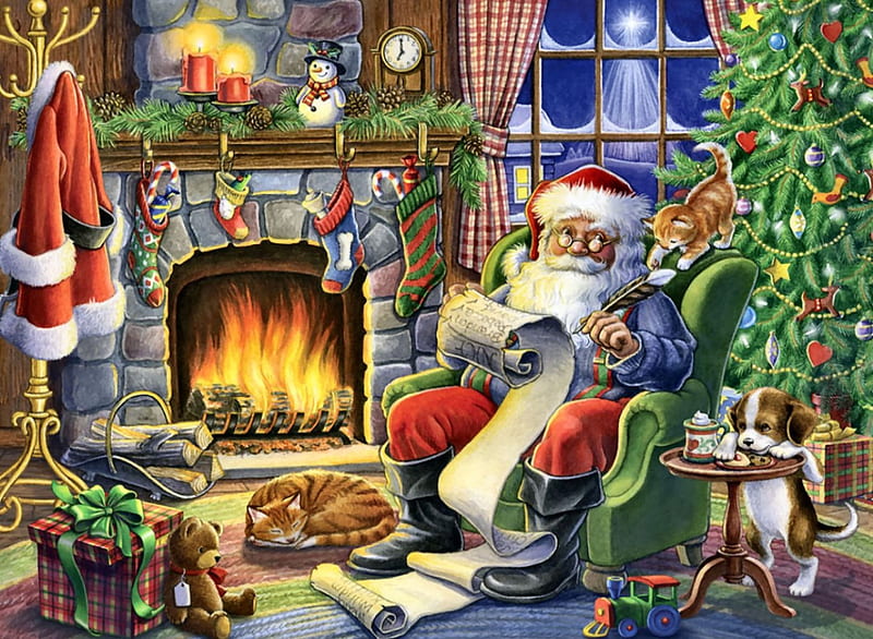 List Checking 1, Christmas, art, holiday, December, Santa, illustration, artwork, winter, tree, snow, painting, wide screen, list, occasion, scenery, HD wallpaper