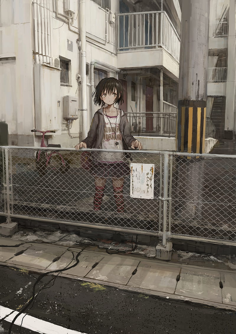 anime girl, street, urban, short brown hair, building, Anime, HD phone wallpaper