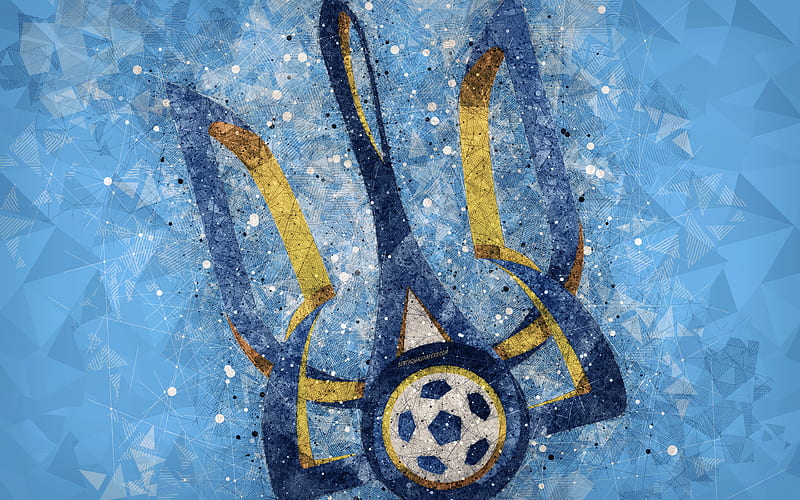 Ukraine national football team geometric art, logo, blue abstract background, UEFA, Europe, emblem, Ukraine, football, grunge style, creative art, HD wallpaper