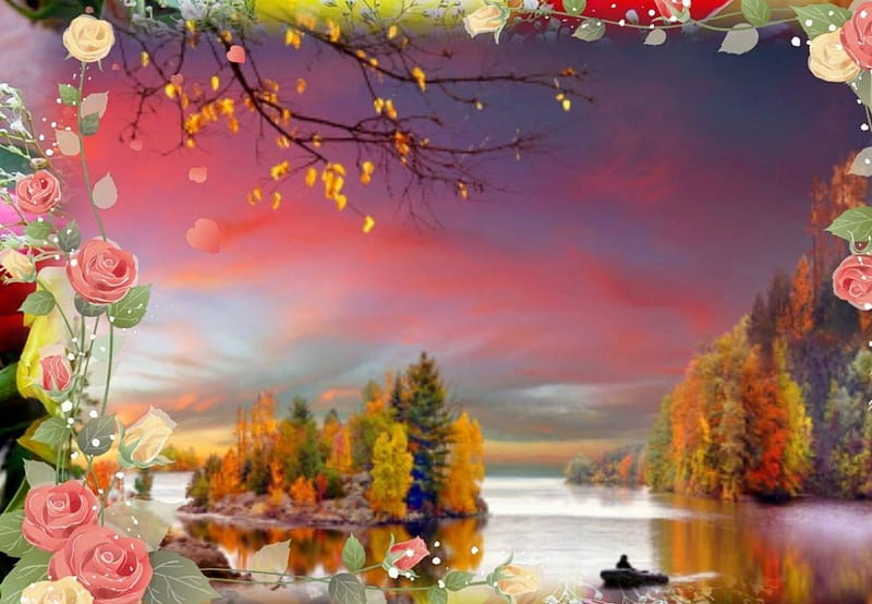 Colours of autumn, rose, autumn tress, autumn skye, lake, rose frame, HD wallpaper