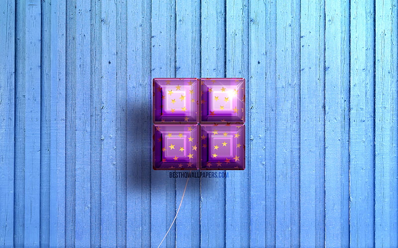 Microsoft logo, violet realistic balloons, Microsoft 3D logo, blue wooden backgrounds, Microsoft, HD wallpaper