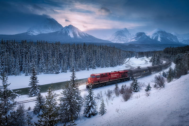 Vehicles, Train, Banff National Park, Canada, Forest, Mountain, Snow, Winter, HD wallpaper