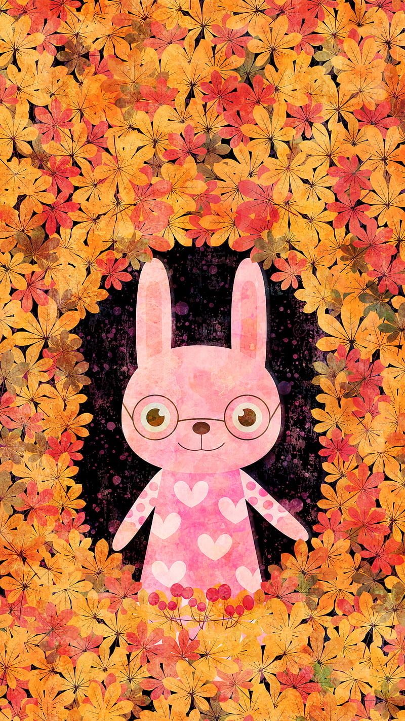 Autumn Bunny Glasses, Autumn, Koteto, October, September, animal, brown, bunny, colorful, cute, drawing, fall, floral, flower, foliage, forest, fun, funny, girl, girly, green, happy, illustration, leaf, nature, orange, owlet, plant, rabbit, red, season, seasonal, tree, twig, watercolor, woodland, yellow, HD phone wallpaper