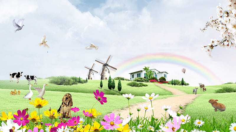 Serenity Farm, rabbit, windmills, ducks, firefox persona, rainbow, country, trees, sky, farm, sheep, doves, balloons, flowers, field, dog, HD wallpaper