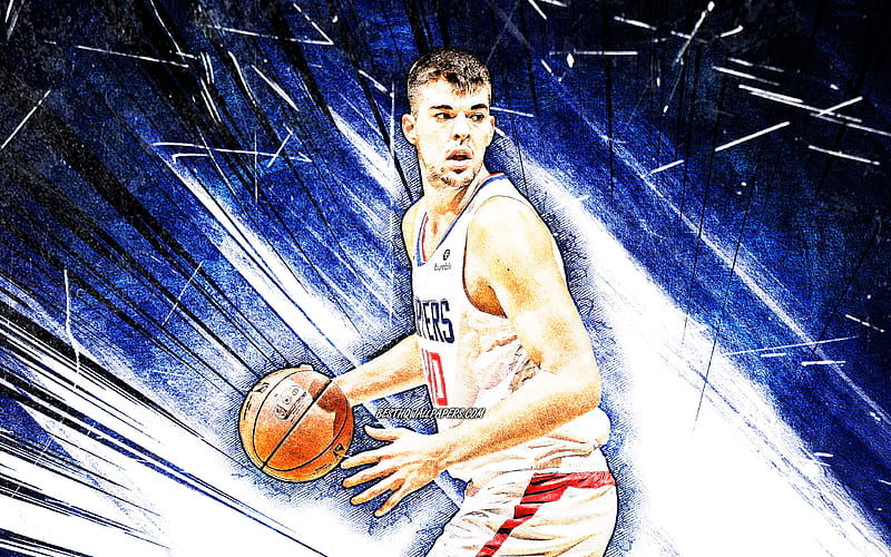 Ivica Zubac, grunge art, Los Angeles Clippers, NBA, basketball, blue abstract rays, USA, Ivica Zubac Los Angeles Clippers, creative, Ivica Zubac , LA Clippers, HD wallpaper