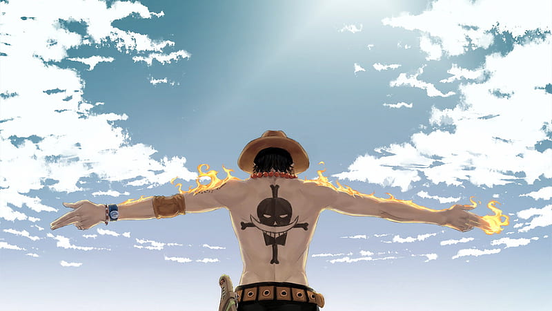 One Piece A Boy With Hat Cloud Flame Back View During Sunny Day Anime, HD wallpaper