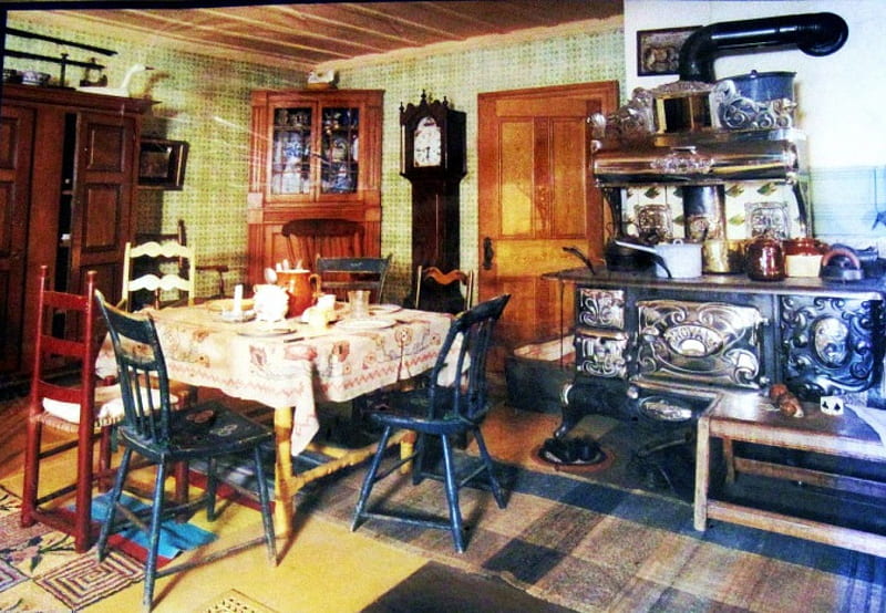 Old-Fashioned Kitchen, table, utensils, chairs, oven, clock, artwork, HD wallpaper