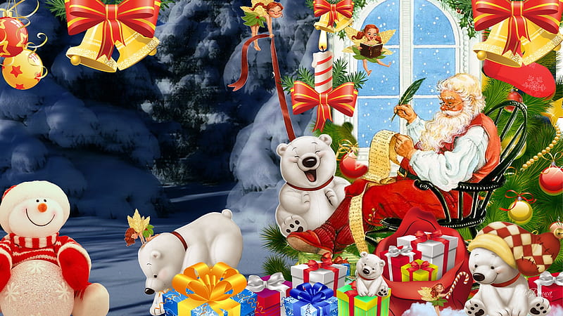 Santa Checking His List, feliz navidad, christmas, polar bears, packages, firefox persona, ribbons, santa claus, tree, fairies, presents, bells, gifts, HD wallpaper
