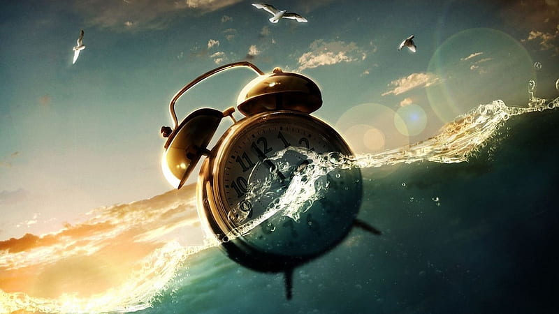 Lost time, 3d, water, clock, mow, sky, HD wallpaper