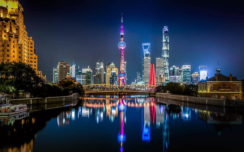 Shanghai, Oriental Pearl Tower, Shanghai Tower, Shanghai World Financial Center, skyscrapers, night, modern buildings, China, HD wallpaper