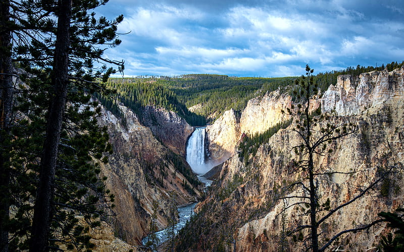 The Grand Canyon of the Yellowstone, Namesake of Yellowstone National Park, usa, california, waterfall, trees, sky, clouds, landscape, HD wallpaper