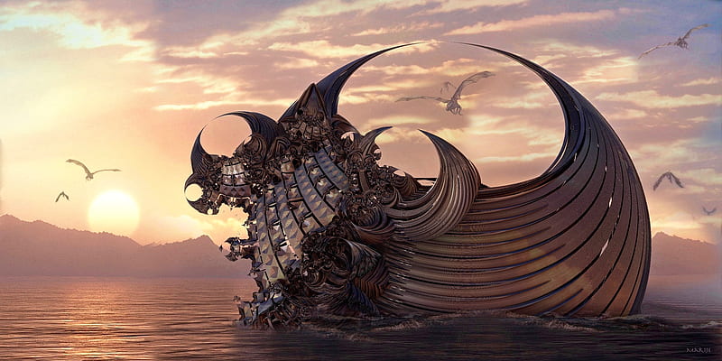 Dragon Ship, dragon, artist, artwork, digital-art, ship, HD wallpaper