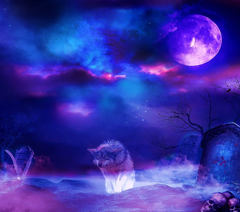 Spirits of the past, rocks, tree, ghost wolf, moon, blue and pink environment, headstones, clouds, spirits, HD wallpaper