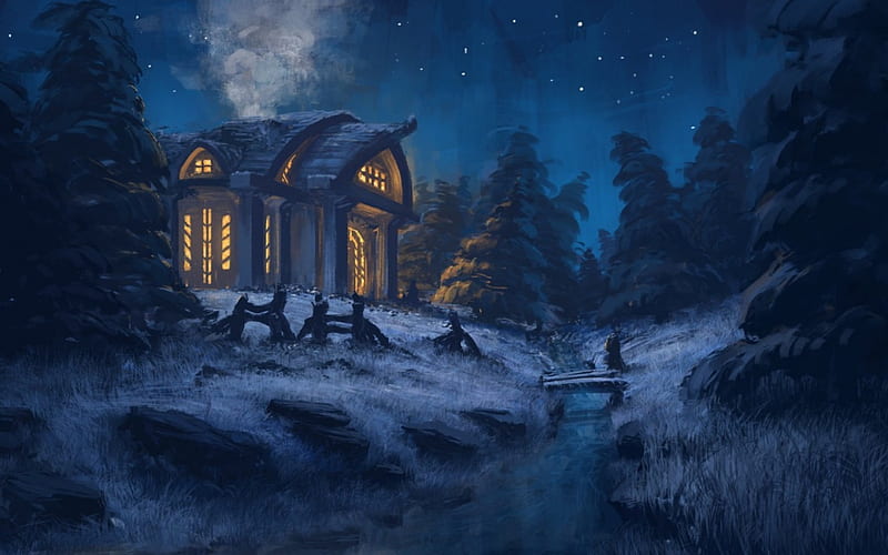 Winter night, art, fantasy, house, blue, night, winter, light, HD wallpaper