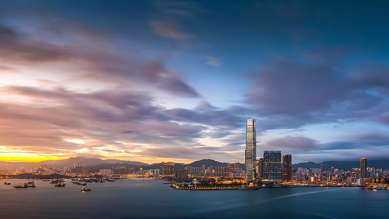 marvelous view of hong kong bay at sunset, city, mountains, sunset, clouds, bay, skyscrapers, HD wallpaper