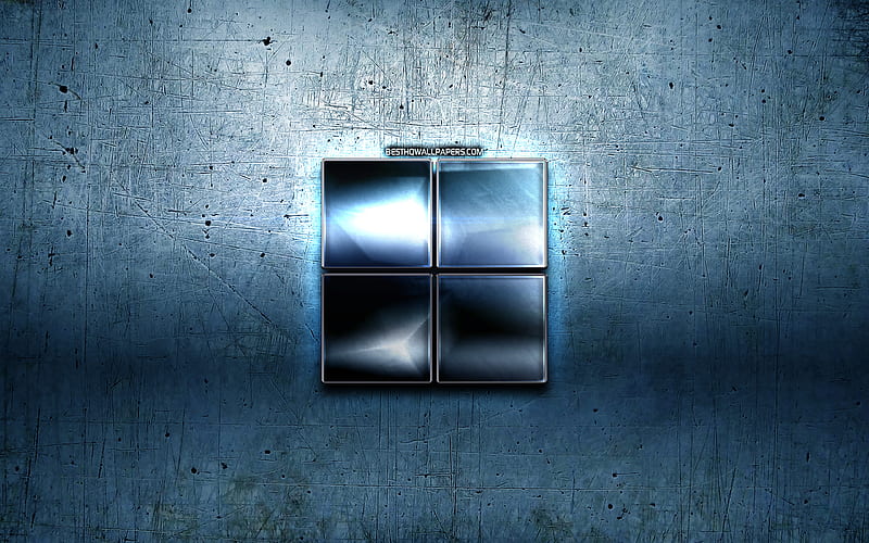 Microsoft new logo, blue metal background, creative, Microsoft, brands, Microsoft 3D logo, artwork, Microsoft metal logo, HD wallpaper