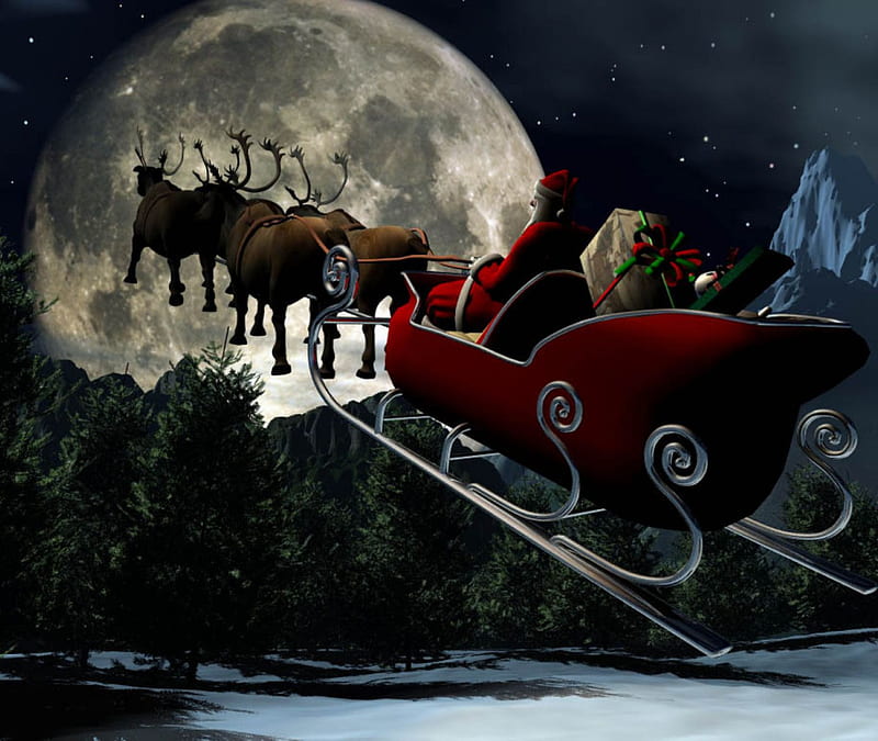 Santas Sleigh, christmas, holiday, night, reindeer, santa, sky, sleigh, HD wallpaper