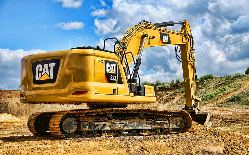Caterpillar 323, R, back view, excavators, construction equipment, excavator, CAT 323, excavator work, Caterpillar, HD wallpaper