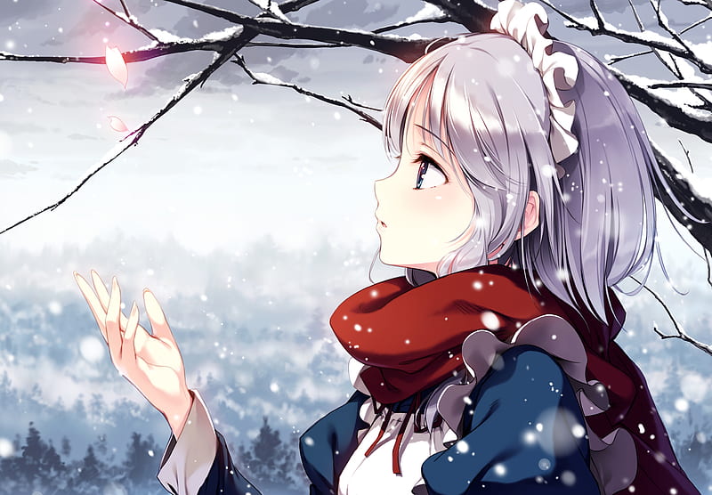 izayou sakuya, snow, profile view, touhou, headdress, red scarf, Anime, HD wallpaper