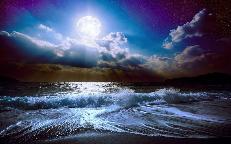 Magical Moonlight, beach, moon, glowing, rays, waves, sky, sea, night, HD wallpaper