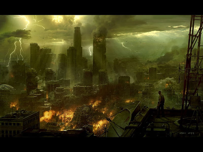 End of the world, destruction, burning, thunder, man, hell, apocalypce, sky, fire, towers, standing, HD wallpaper