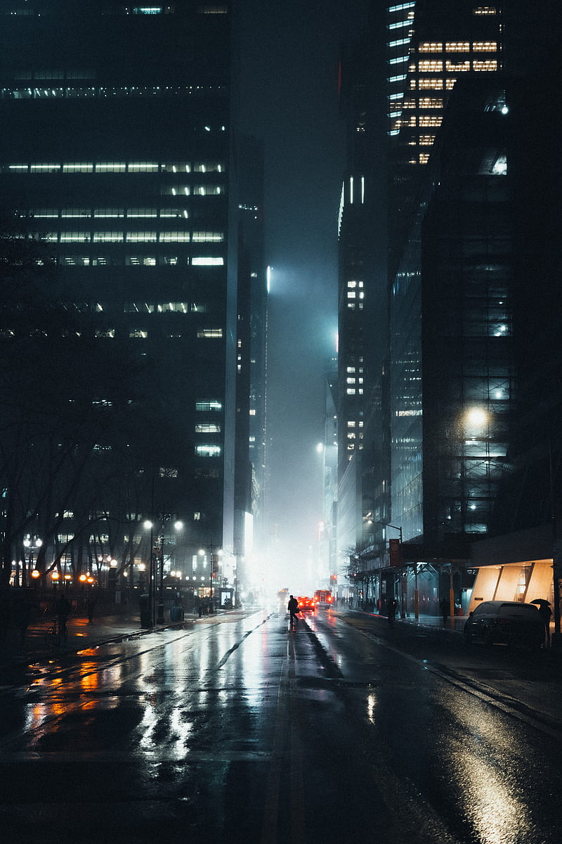 street, silhouette, night, fog, light, city, HD phone wallpaper