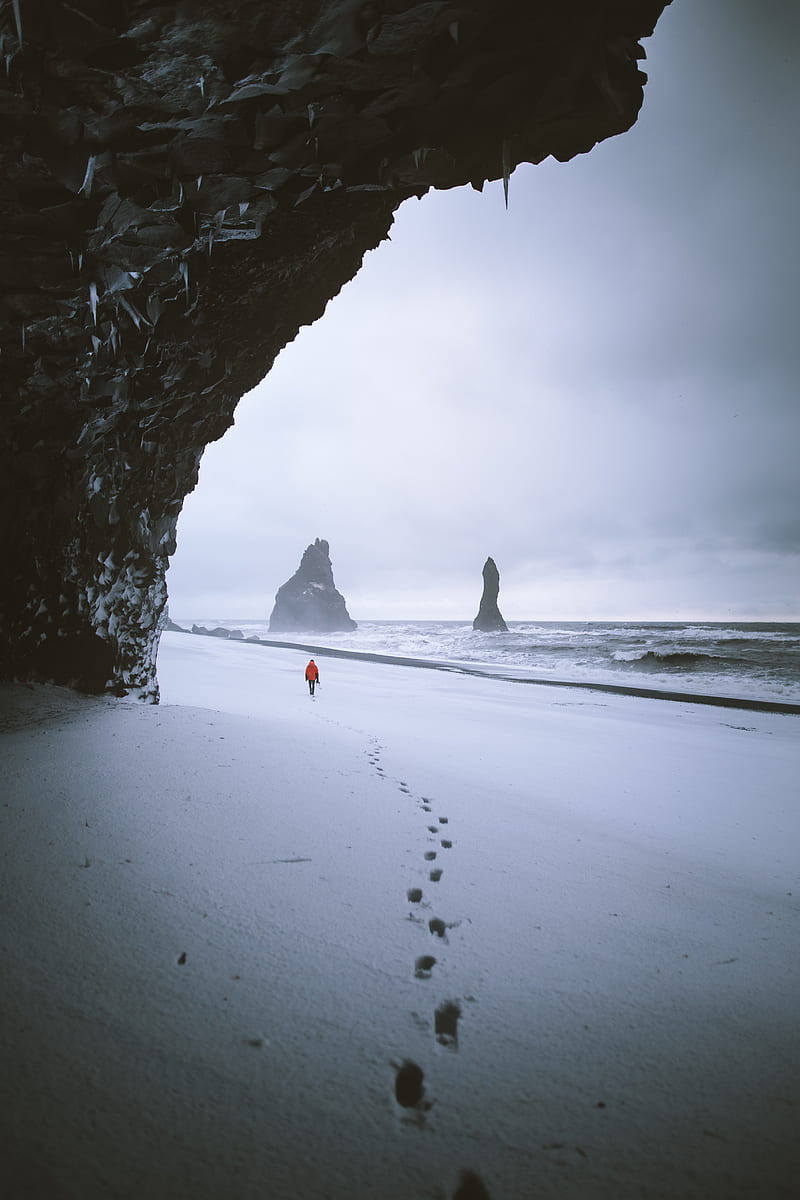 rock, snow, lonely, traces, walk, HD phone wallpaper