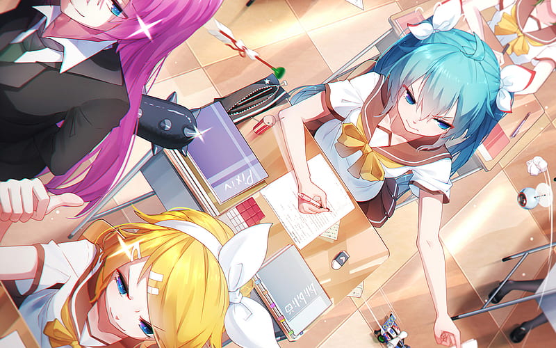 Hatsune Miku, Luka Megurine, Rin Kagamine, school, manga, Vocaloid, HD wallpaper