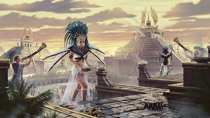 The offering, art, offering, fantasy, girl, luminos, maya, priestess, pyramid, feather, HD wallpaper