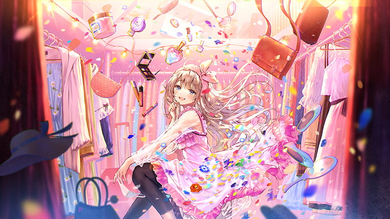 Pretty anime girl, floating belongings, smiling, petals, room, Anime, HD  wallpaper | Peakpx