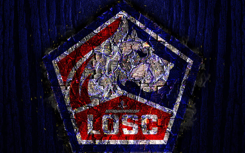 Lille OSC, scorched logo, Ligue 1, blue wooden background, french football club, Lille FC, grunge, football, soccer, Lille new logo, fire texture, France, HD wallpaper