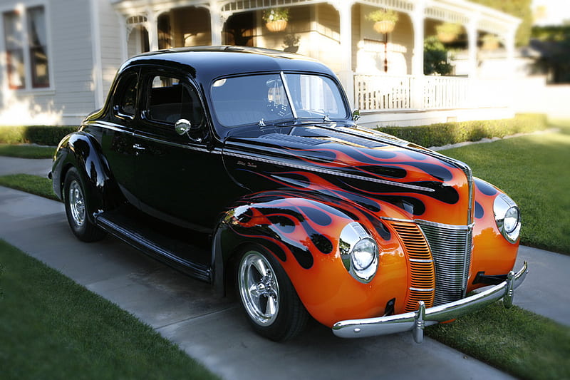1940 Ford Deluxe Coupe, coupe, flames, ford, rod, street, HD wallpaper