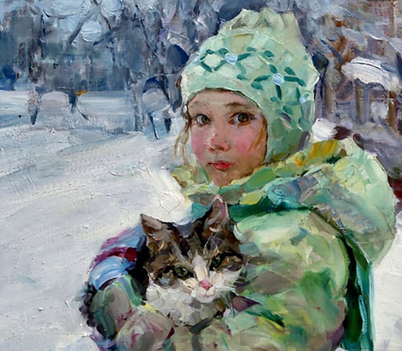 Little Girl with Cat F, art, bonito, cat, illustration, artwork, pet, feline, little girl, painting, wide screen, portrait, HD wallpaper