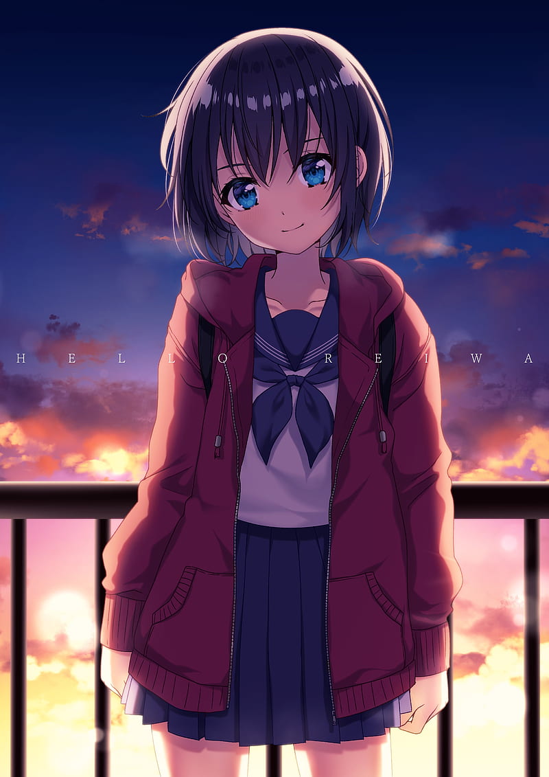 Anime school girl, rooftop, sunset, short hair, jacket, Anime, HD phone  wallpaper | Peakpx