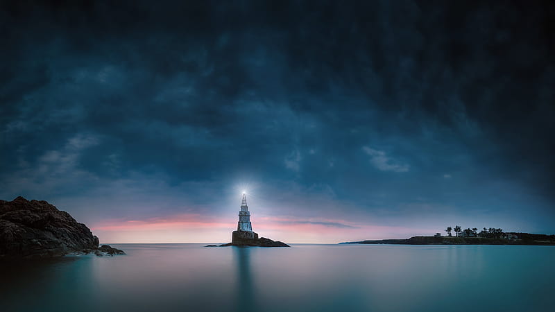 Landscape View Of Lighthouse Reflection On Ocean Under Black White Clouds Sky Nature, HD wallpaper
