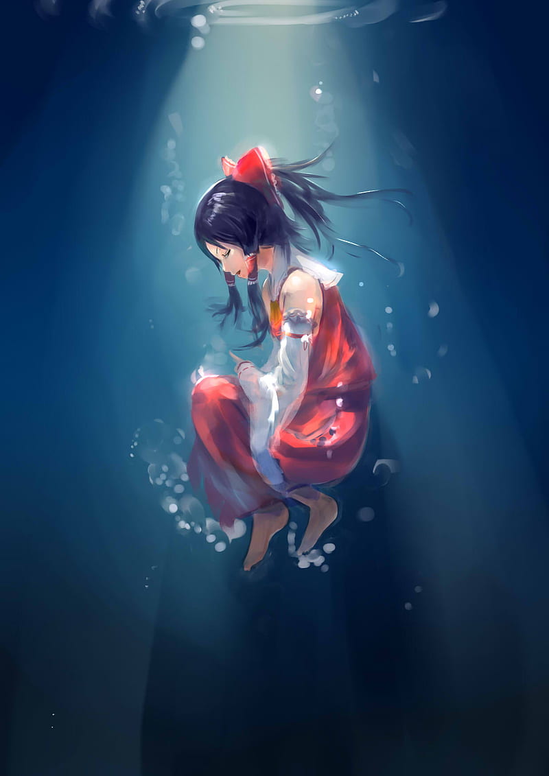 anime girls, anime, Touhou, Hakurei Reimu, underwater, barefoot, HD phone wallpaper