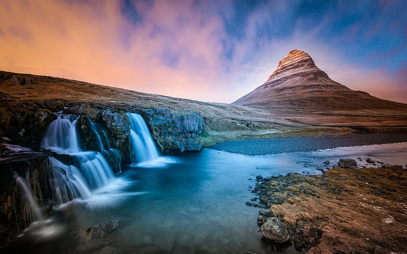 Kirkjufell, bonito, sunset, clouds, waterfalls, lagoon, water, mountains, river, blue, Iceland, starry sky, HD wallpaper